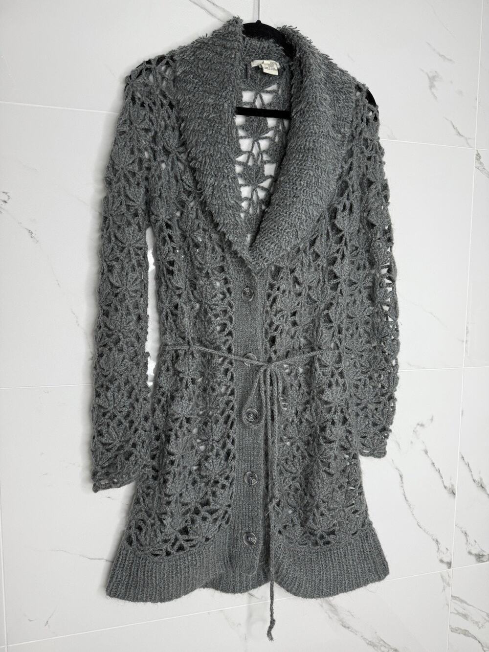kensie Open Knit Cardigan Medium Gray Crochet Boho Festival Layering Cottage Y2K